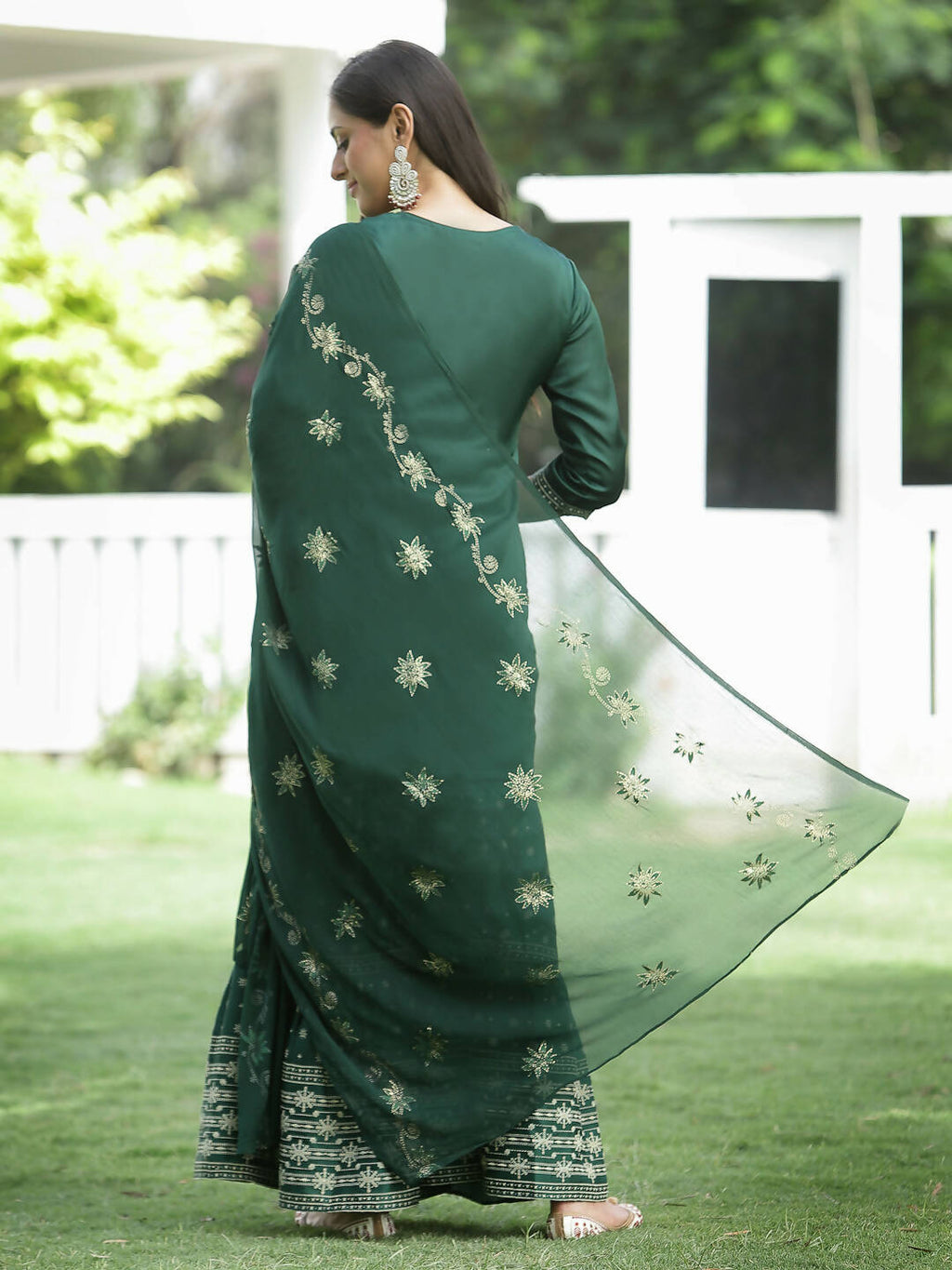 Juniper Green Mono Viscose Festive Wear Printed Straight Kurta Sharara Dupatta Set | Grocsy