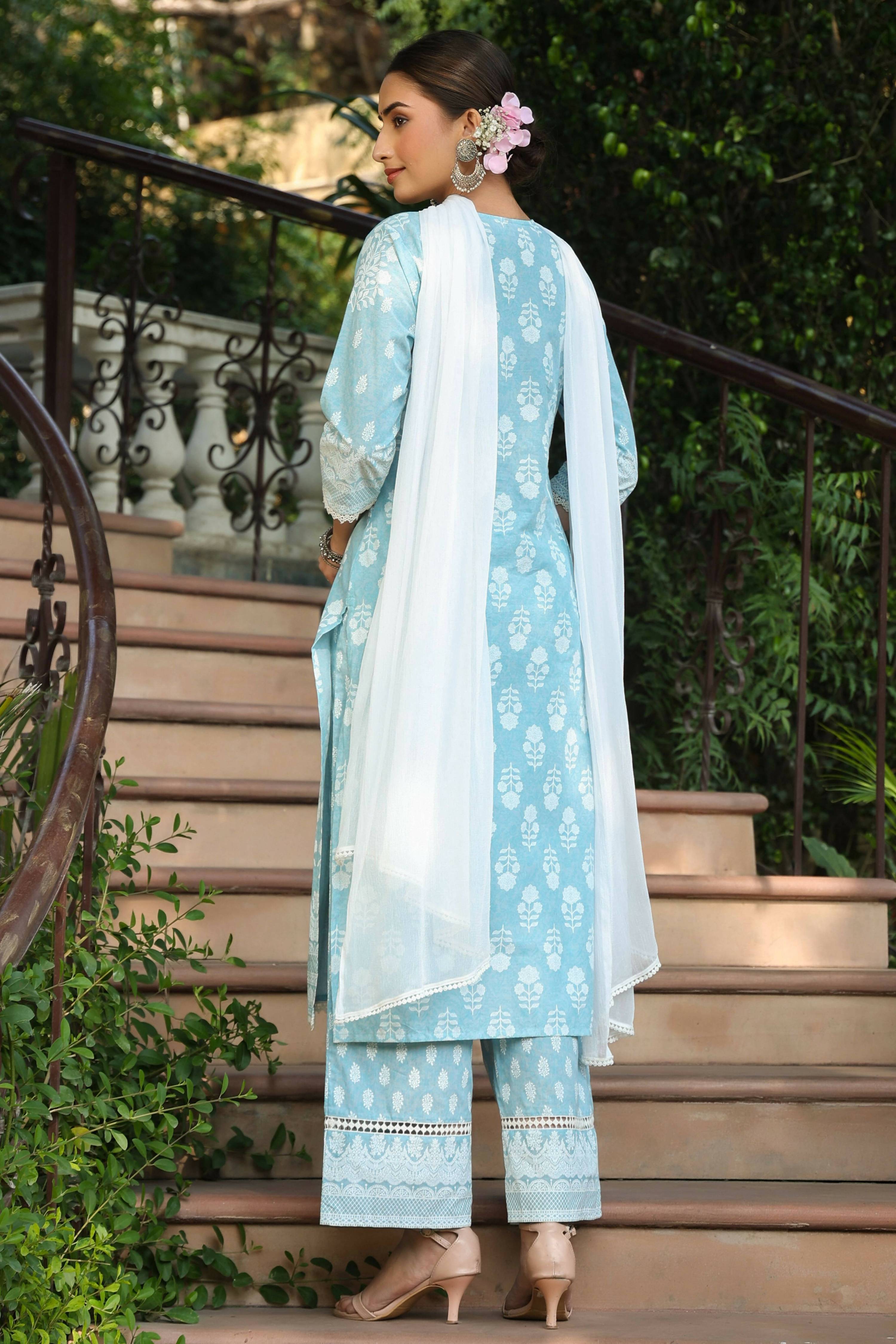Juniper Women's Skyblue Printed Straight Kurta Sets | Grocsy