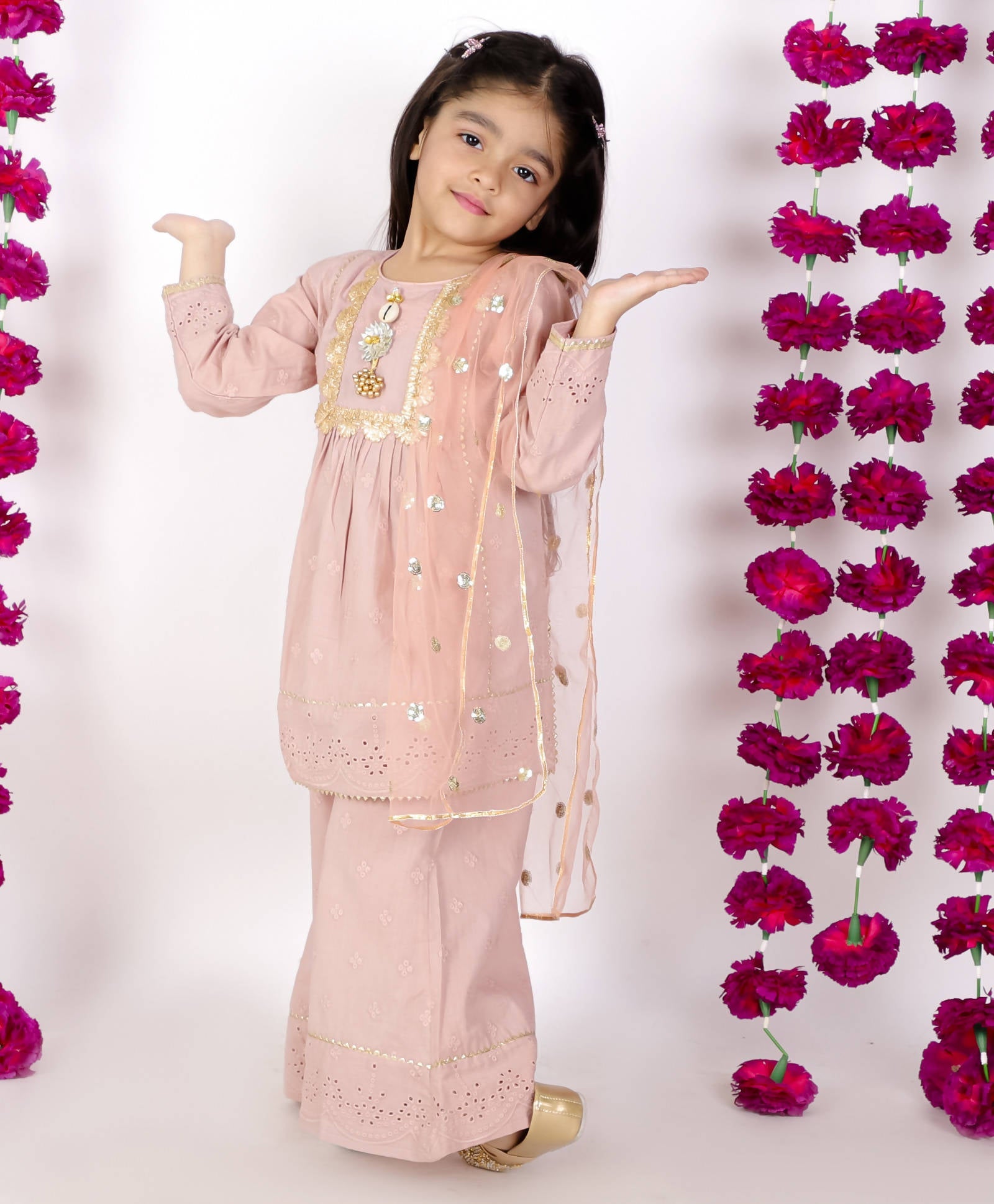 Little Bansi Girls Brown Tussel work Schiffli Kurta Frock with Plazzo and Dupatta | Grocsy