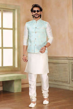 Raivat Ethnic Jacquard Banarasi Silk Woven Work 3 Pics Jacket Set In Pista Green Colour | Grocsy