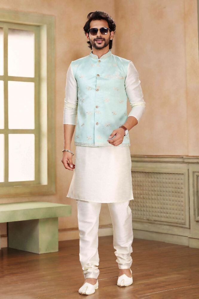 Raivat Ethnic Jacquard Banarasi Silk Woven Work 3 Pics Jacket Set In Pista Green Colour | Grocsy