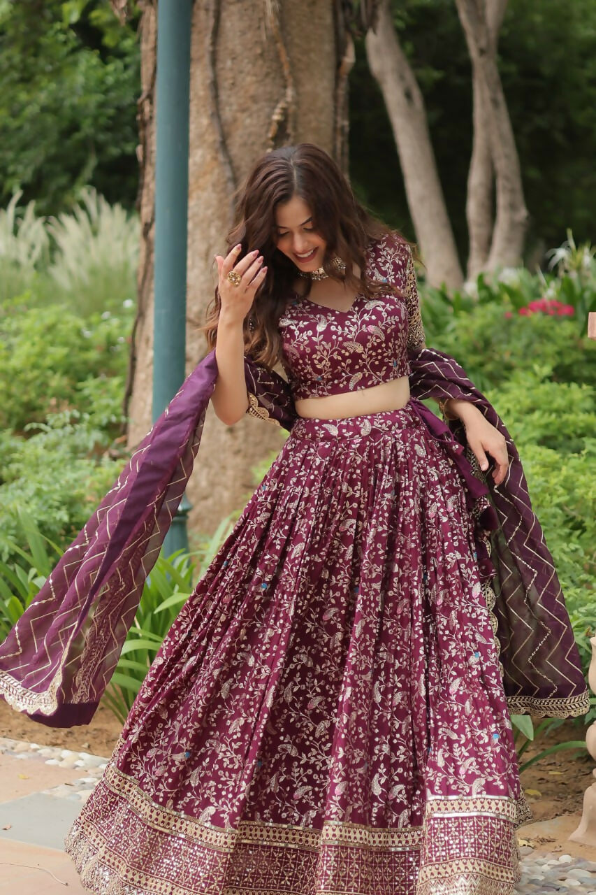 Lorenvalley Wine Pure Viscose Jacquard with Golden Embroidered Sequins work Lehenga Choli | Grocsy