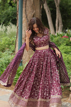 Lorenvalley Wine Pure Viscose Jacquard with Golden Embroidered Sequins work Lehenga Choli | Grocsy