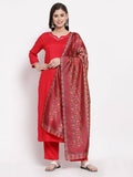 Myshka Women's Latest Red Cotton Solid 3/4 Sleeve Square Neck Casual Kurta Pant Dupatta Set | Grocsy