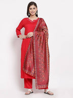 Myshka Women's Latest Red Cotton Solid 3/4 Sleeve Square Neck Casual Kurta Pant Dupatta Set | Grocsy