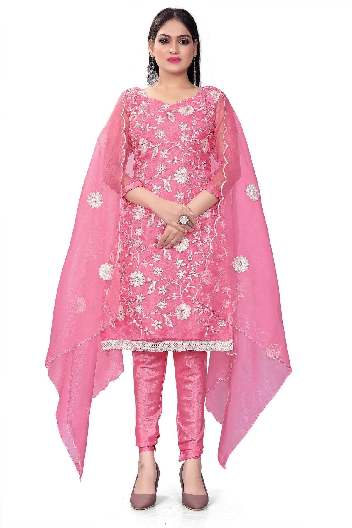 Pink Organza Silk Embroidered Work Unstitched Dress Material - Tanvi | Grocsy