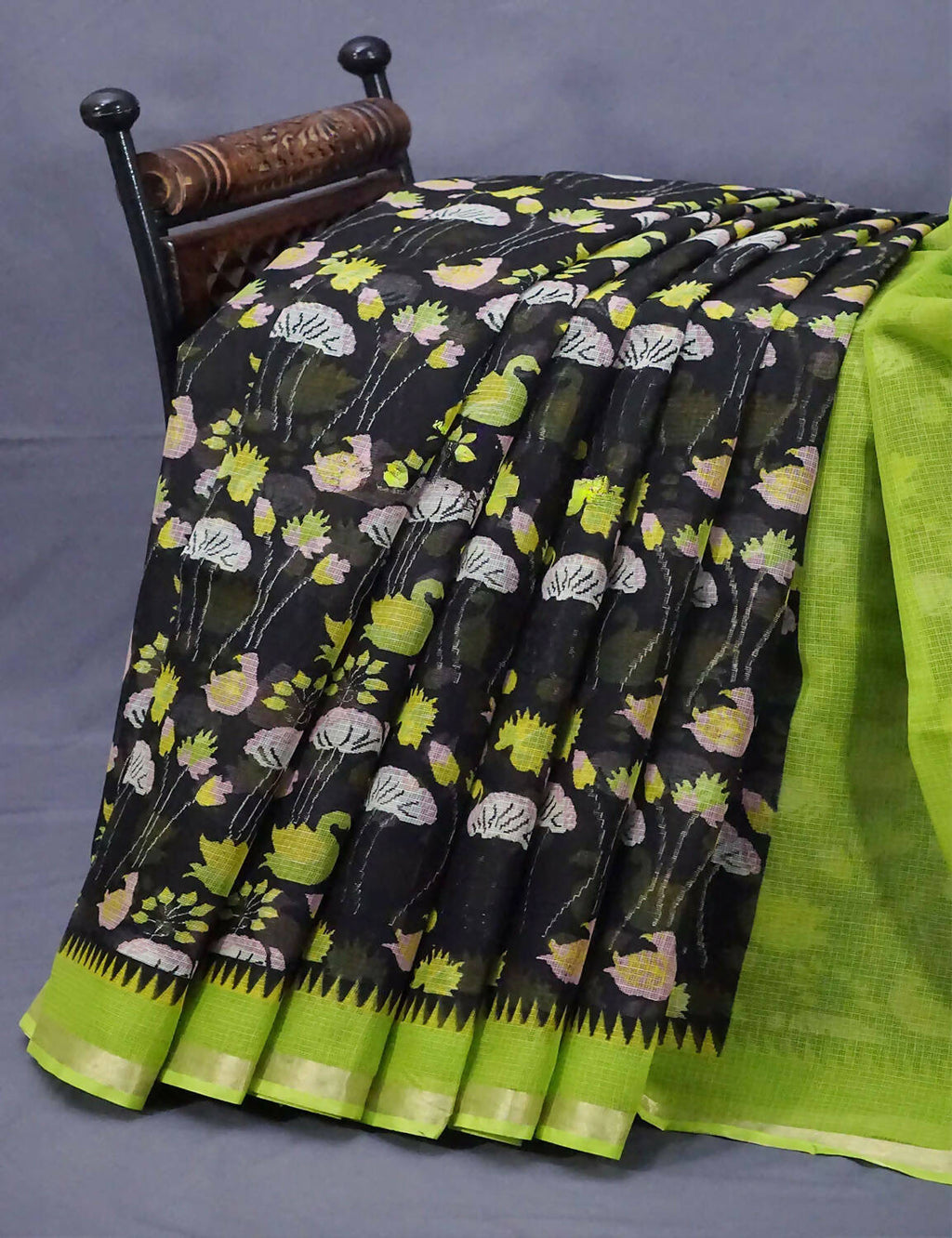 Black and Parrot Green Pichwau Design Pure Kota Cotton Saree By Gayathri Reddy Designer Studio | Grocsy