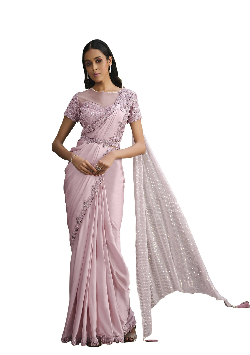 Pink Crepe Georgette Silk Sequence Embroidered With Stone Work Saree With Stitched Blouse - Mohmanthan La Belle | Grocsy
