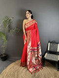 Joban Fashion Red Peacock & Floral Motifs Soft Lichi Silk Kanchipuram Saree | Grocsy