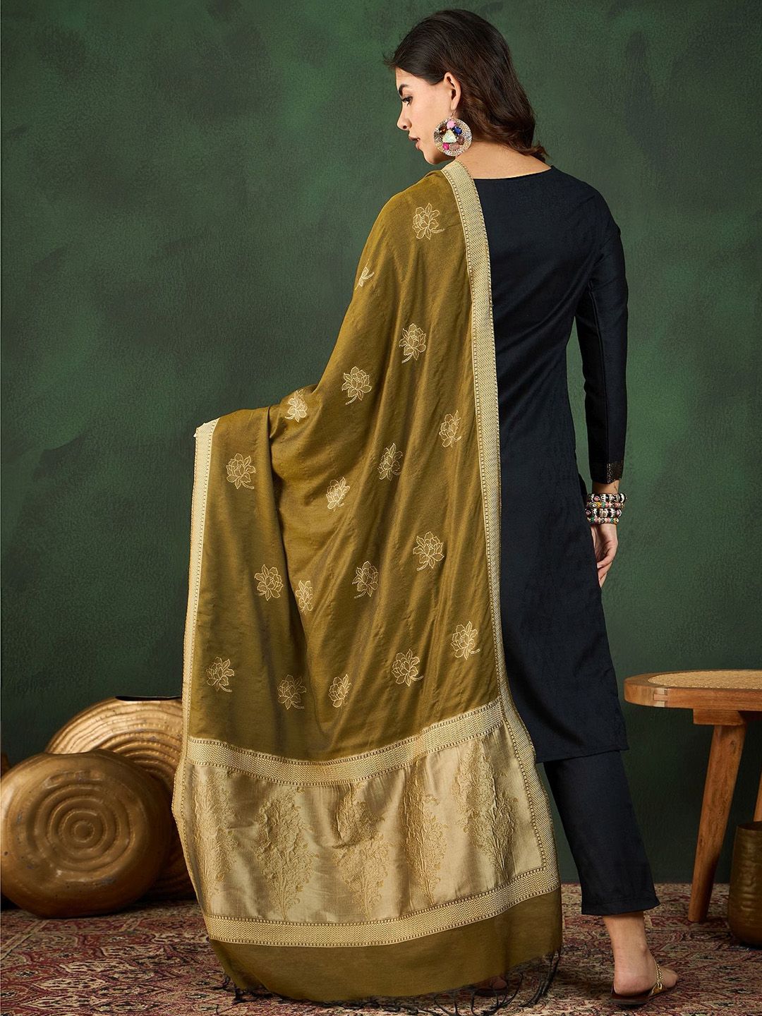 Sangria Self Designed Straight Kurta & Trousers With Dupatta | Grocsy