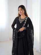 Teeya Creation Black Color Pure Soft Georgette Embroidery Work Gown | Grocsy