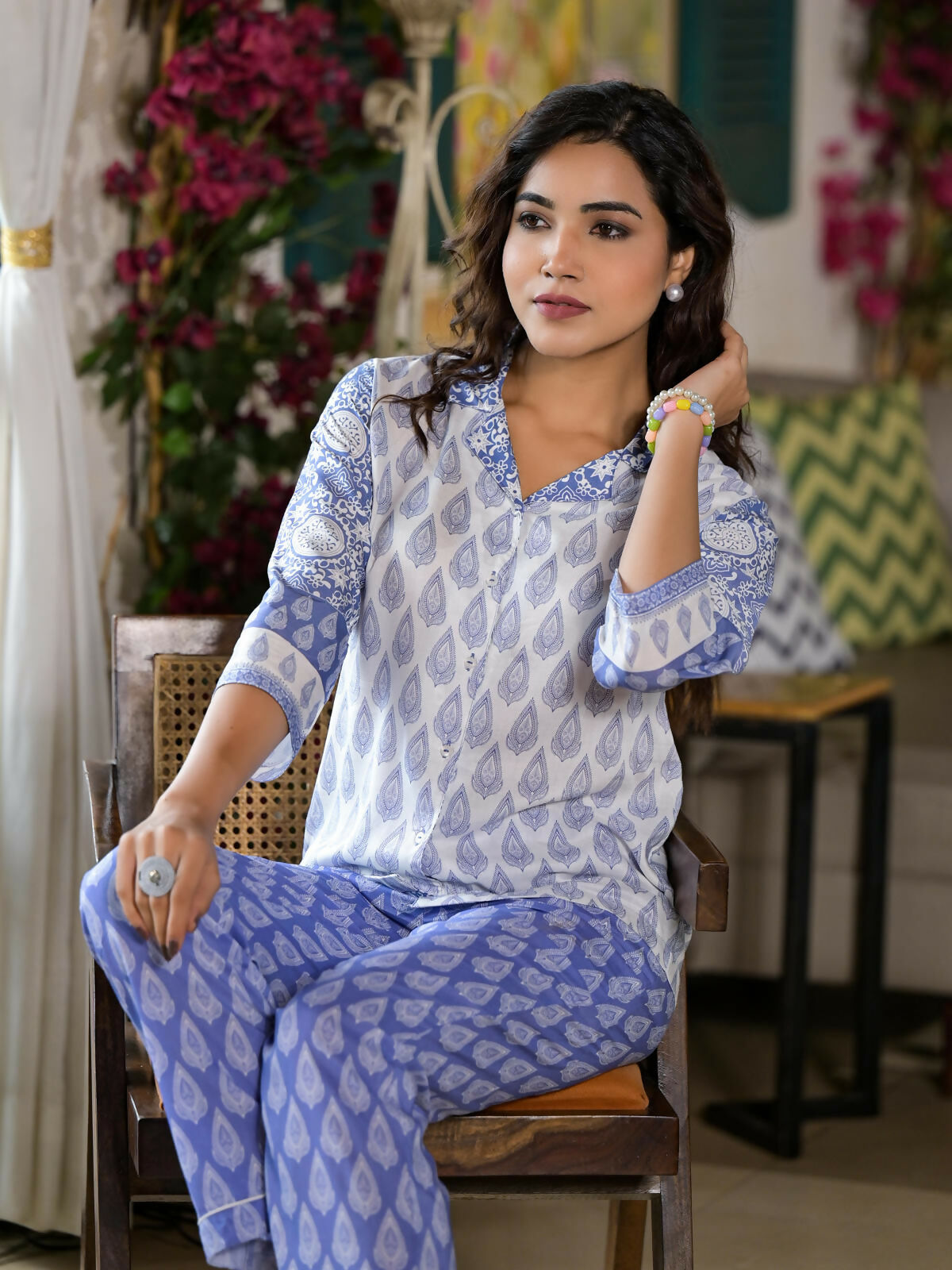 Juniper Women's Purple Ethnic Motif Printed Viscose Kurta & Pants Set With Buttons | Grocsy
