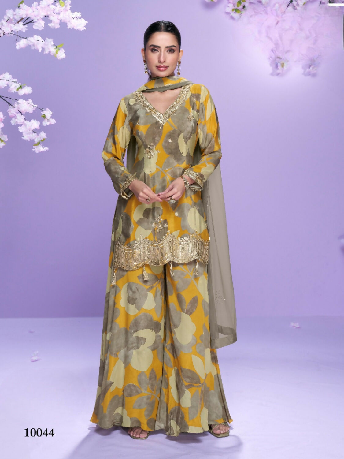 Anaita Yellow Chinon Readymade Palazzo Suit with Digital Embroidery Work | Grocsy