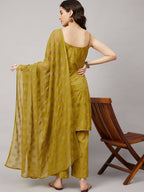 Lime Green & Golden Ethnic Motifs Print Kurta with Palazzo & Dupatta - Vishwa | Grocsy