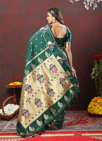 Lorenvalley Fashion Green Soft Paithani Silk Woven Design Gold Zari Meenakari Weaving Saree | Grocsy