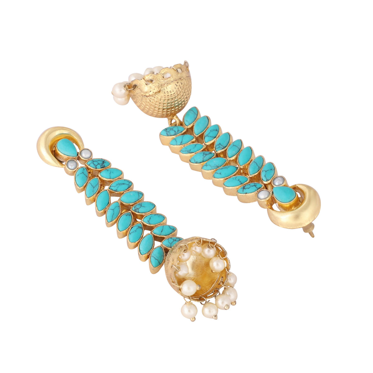 Nuyug 22K Gold Plated Pearl & Turquoise Stone Studded Contemporary Shaped Jhumkas | Grocsy