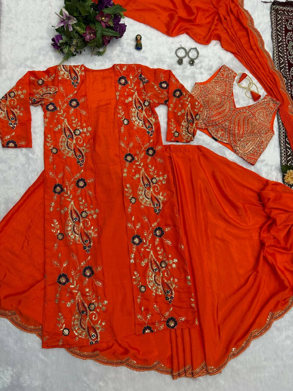 Teeya Creation Orange Color Chinon Silk Designer Embroidery Work Ready To Wear Saree With Koti | Grocsy