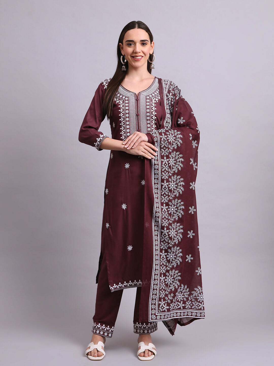 Joban Fashion Brown Cotton & Embroidery Work Kurta With Trousers & Dupatta Set | Grocsy