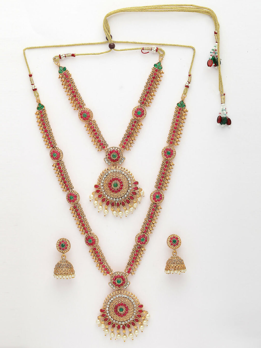NVR Women's Set Of 2 Green & Red Stone Studded & Beaded Gold-Polished Temple Jewellery Set | Grocsy