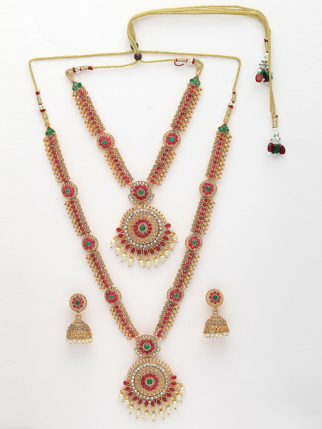 NVR Women's Set Of 2 Green & Red Stone Studded & Beaded Gold-Polished Temple Jewellery Set | Grocsy