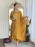 The52 Women's Beautiful Vichitra Silk Fabric Embroidery Work Flared Anarkali Pant and Dupatta Set | Grocsy