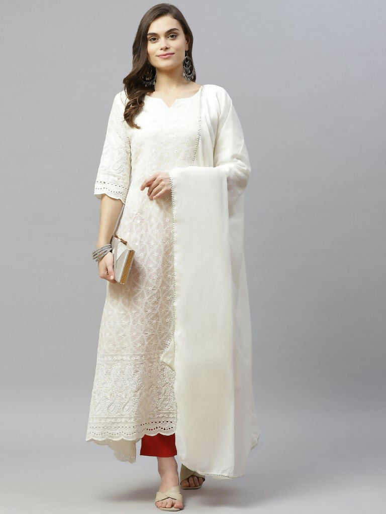 Miravan Women's Beige Embroidered Chikankari Kurta & Dupatta | Grocsy