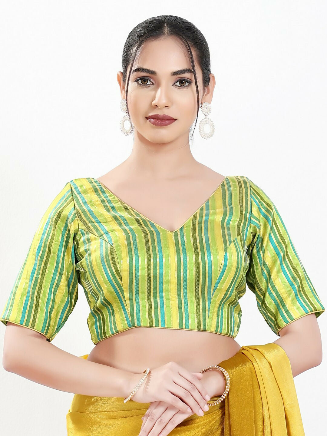 Joban Fashion Green Multi Brocade Padded Blouse With V Neck Elbow Sleeves | Grocsy