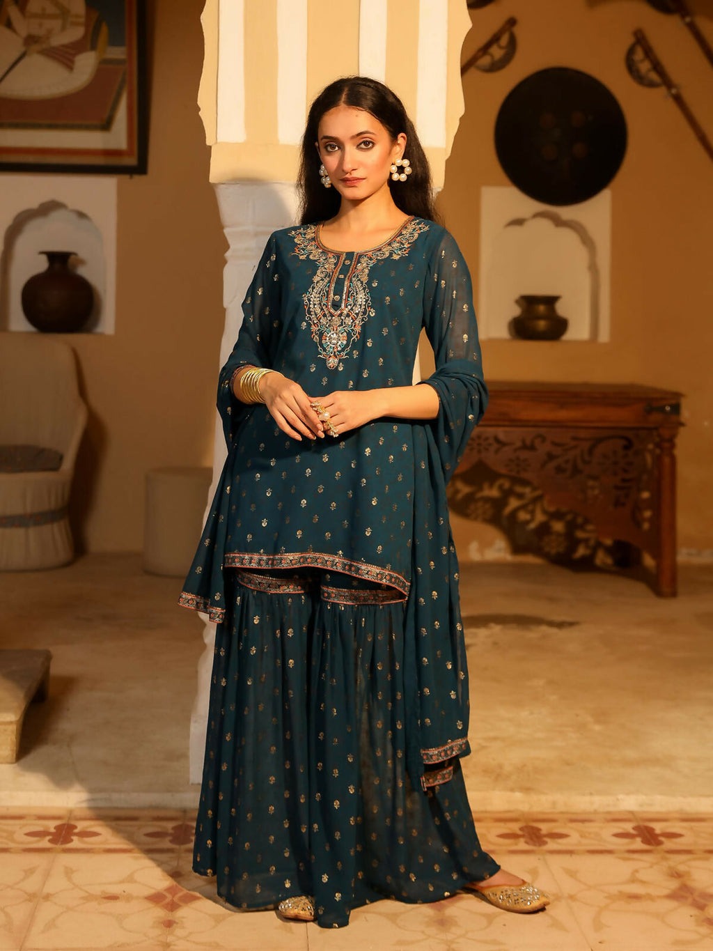 Juniper Women's The Swarn Teal Ethnic Motif Printed Georgette Kurta Pant And Dupatta With Sequins & Zari Work | Grocsy