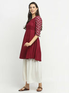 Rudra Bazaar Wine Lace Work Flared Kurti with Sharara | Grocsy