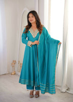 Teeya Creation New Womens Trendy Stylish Teal Blue Embroidered Silk Blend Anarkali Kurta With Pants & Dupatta Set | Grocsy