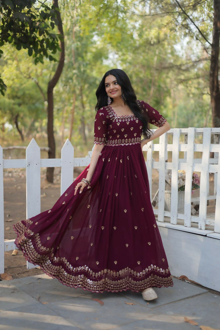 Vastranavya Premium Designer Faux Blooming with Embroidery Zari Sequins work Gown - Maroon | Grocsy