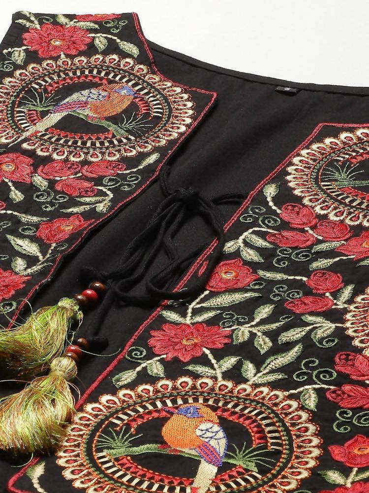 Yufta Women A-Line Black Dress With Red Embroidered Jacket | Grocsy