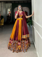 Vastranavya Navaratri Special Rayon with Printed Patch With Gota Patti And Paper Mirror Work And Cowrie (Kodi) Lace Touch Up Lehenga with Stitched Blouse - Mustard | Grocsy