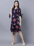 Myshka Women Navy Blue Pink Floral Print A-line Dress | Grocsy