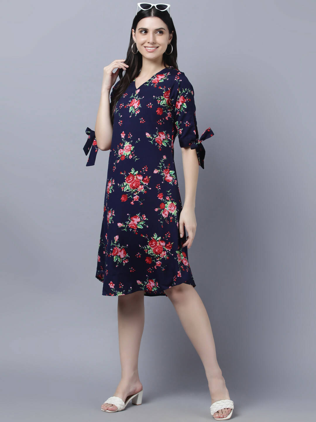Myshka Women Navy Blue Pink Floral Print A-line Dress | Grocsy