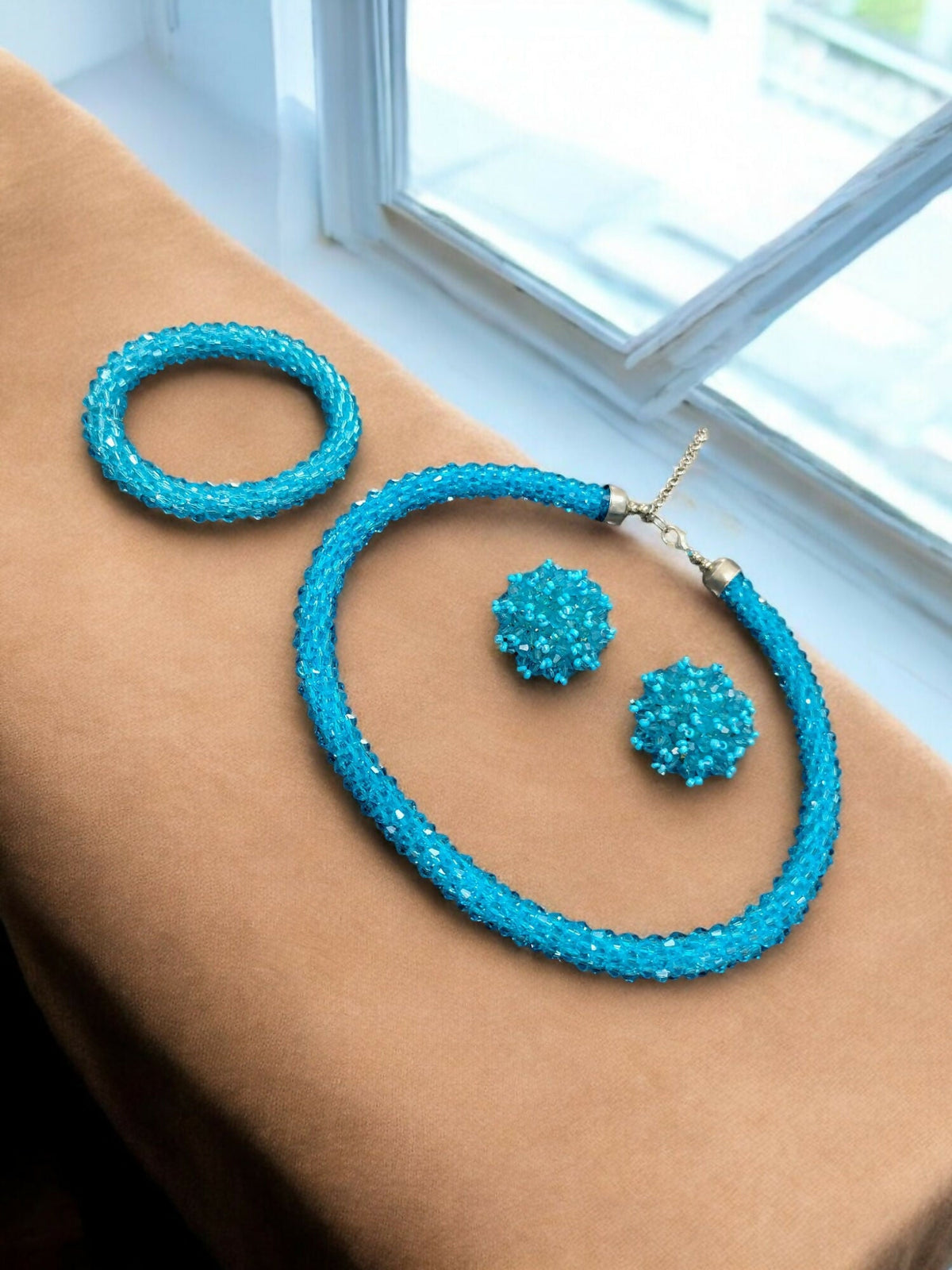 Inhanns Complete Look Crystal Statement 3-Piece Set (Adjustable Necklace + Earrings + Adjustable Bangle ) - Sky Blue | Grocsy