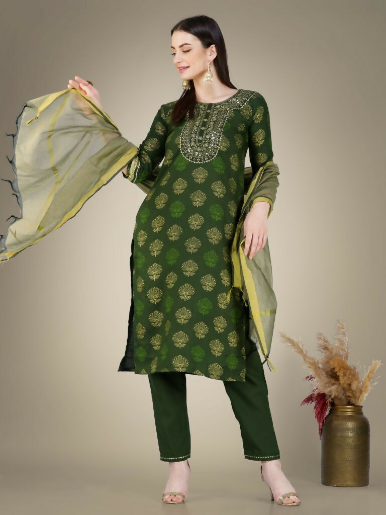 Jyoti Fashion Women's Dark Green Cotton Magic Slub Embroidery & Sequence work Kurta with Trouser & Dupatta | Grocsy