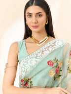 Green Organza Floral Embroidered Saree with Unstitched Blouse Piece - Roozal | Grocsy