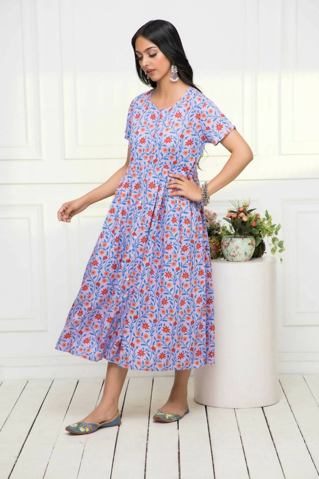 Myshka Women Purple Floral Rayon A-Line Round Neck Dress | Grocsy
