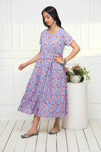 Myshka Women Purple Floral Rayon A-Line Round Neck Dress | Grocsy