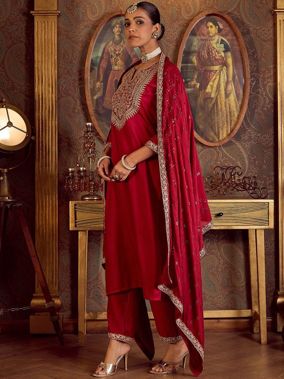 Indo Era Ethnic Floral Embroidered Zari Work Detail Regular Sleeves Round Neck Kurta Set | Grocsy