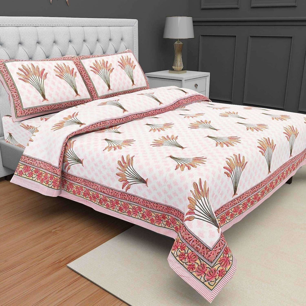 Jaipuri Hand Block Printed Traditional 144TC Cotton Double/Queen Bedsheet with 2 Pillow Covers | Grocsy