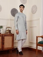 Light Blue Viscose Wevon Designer Men's Rajwadi Kurta Set - Mahotsav | Grocsy