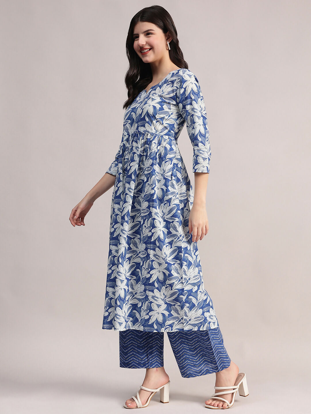 Aavyora Women's Blue Floral Printed Cotton Kurta with Chevron Pattern Palazzo Set | Grocsy