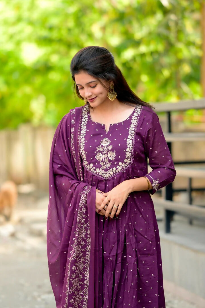 The52 Women's Beautiful Cotton Fabric Embroidery Work Flared Anarkali Pant and Dupatta Set | Grocsy