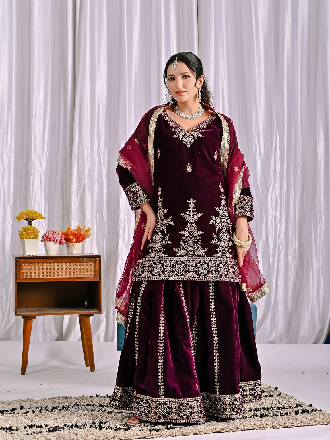 Joban Fashion Wine Velvet Sequence Embroidery Work Kurta Set | Grocsy