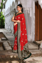 Joban Fashion Red Crepe Chiffon Pure Handloom Banarasi Silk Saree | Grocsy