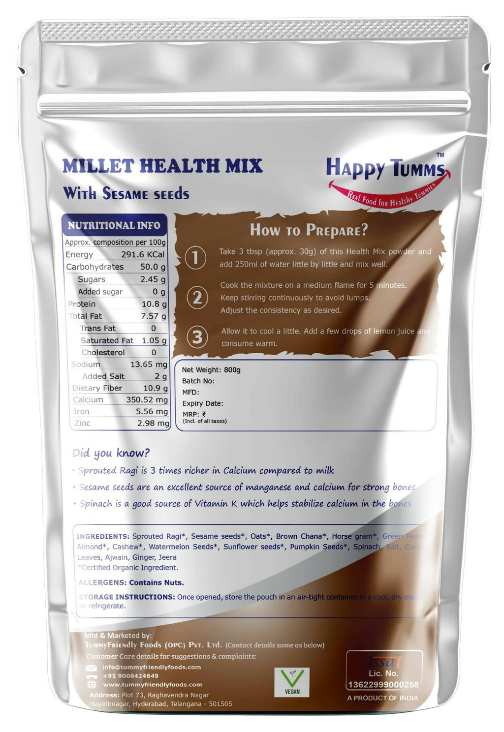TummyFriendly Foods Organic Millet Health Mix With Sesame Seeds and Curry Leaves | Grocsy