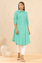 Juniper Womens Blush Turquoise Cotton Slub Solid Mid Length Shirt Dress With Lace Detailing | Grocsy