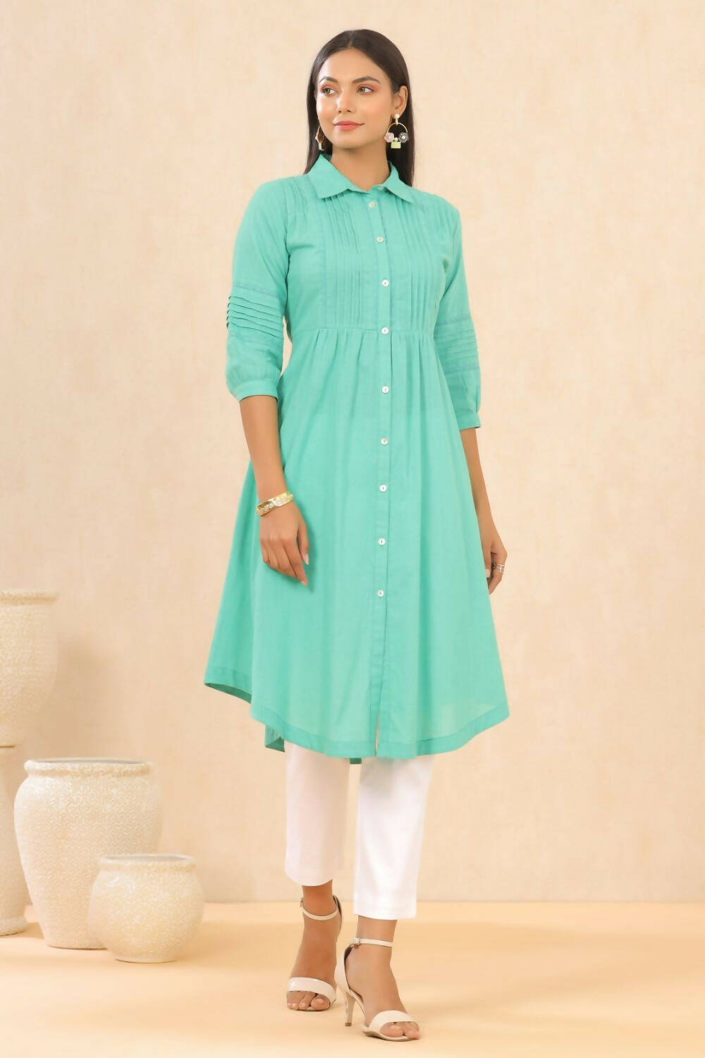 Juniper Womens Blush Turquoise Cotton Slub Solid Mid Length Shirt Dress With Lace Detailing | Grocsy
